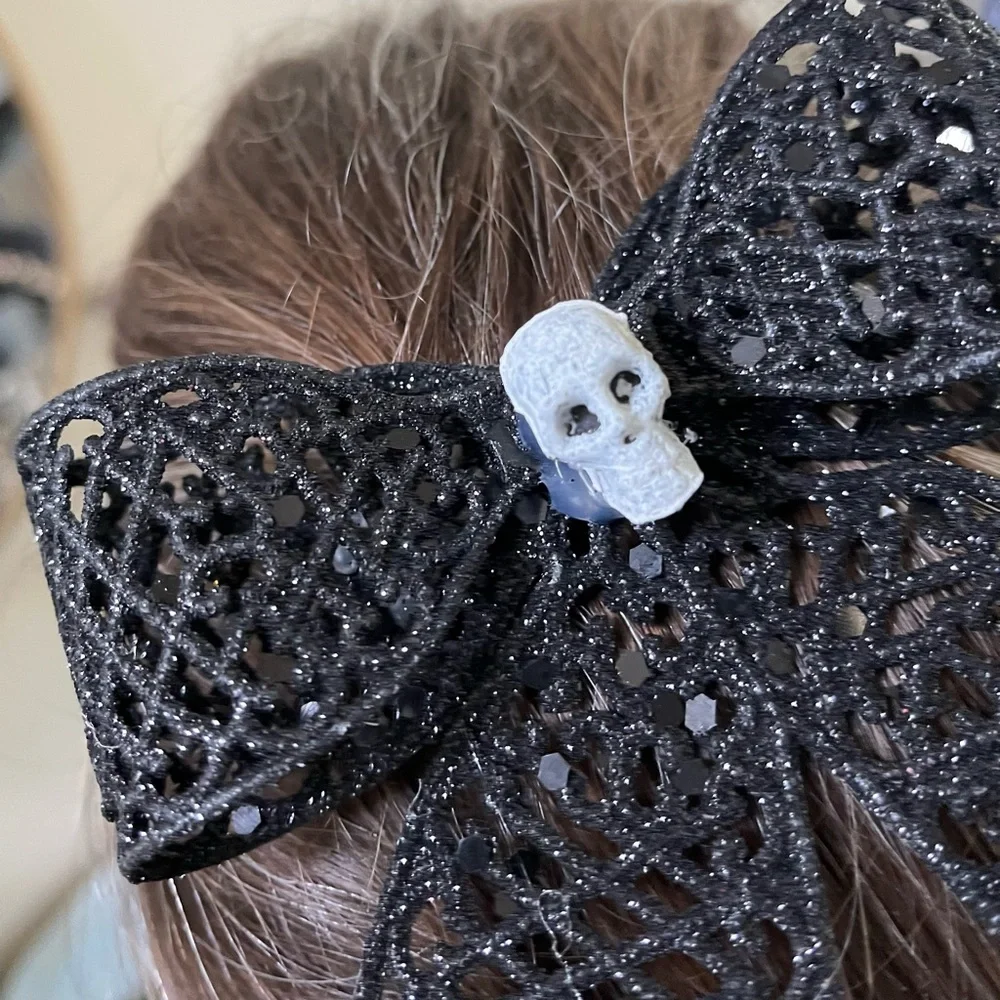 Spooky Halloween Hair Bow Barrette Black Glitter and Skeleton Skull Hair Clip